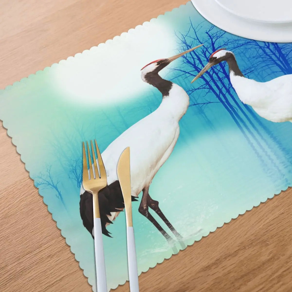 

6 PCS Placemat Table Mat Art Ibises Bird Arrangement Water For Tables Heat-insulation Linen Kitchen Dining Pads