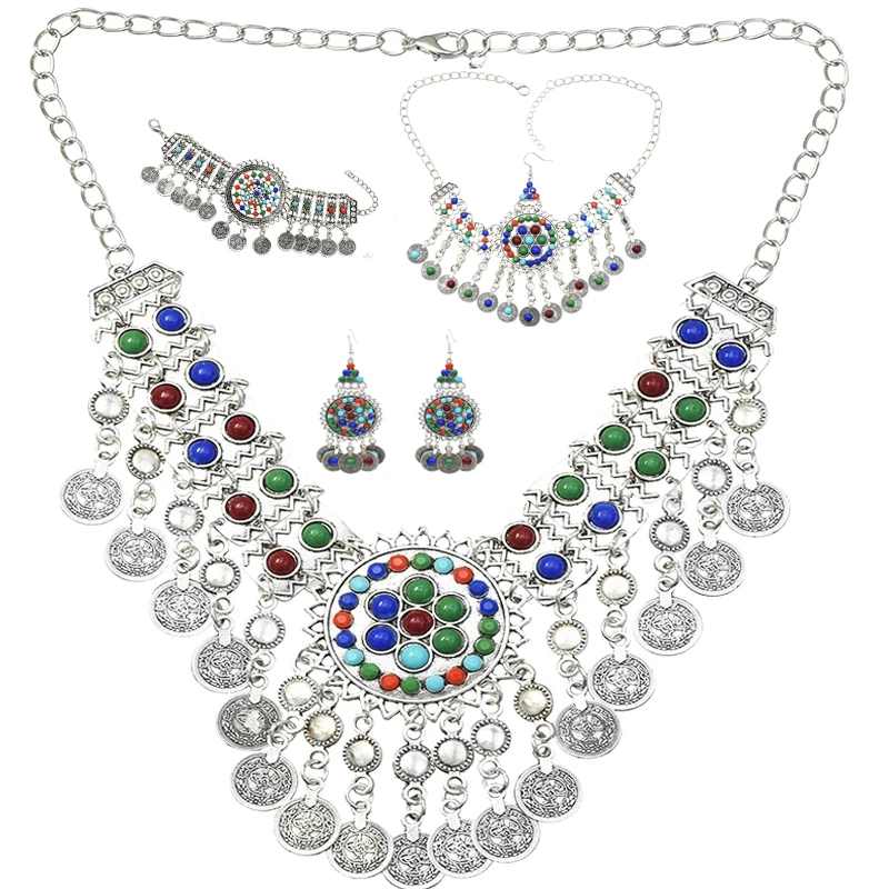 Jewelry Set Женское цыганское ожерелье-чокер и серьги Jhumka, браслеты в богемном стиле с серебряной монеткой на голову, винтажное танцевальное украшение для волос, индийские, афганские - Окраска металла: Jewelry Set