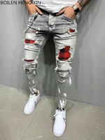 2021 new mens slim fit ripped jeans mens painted jeans patch beggar pants jumbo mens hip hop pants size s 4xl