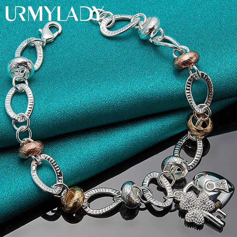 

URMYLADY 925 Sterling Silver Heart Lock Clover Flower Charm Zircon Bracelet Chain For Women Wedding Engagement Jewelry