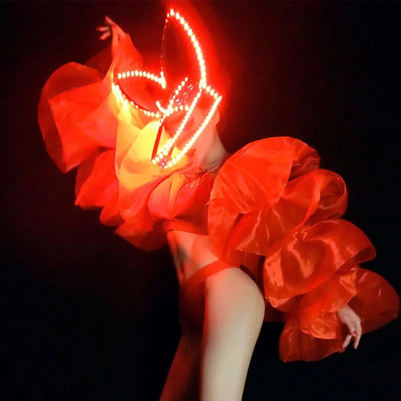 Nightclub Bar Female Singer Valentine'S Day Red Led Luminous Headdress Big Sleeve Bikini Suit Dj Ds Performance Clothing DN5902 |
