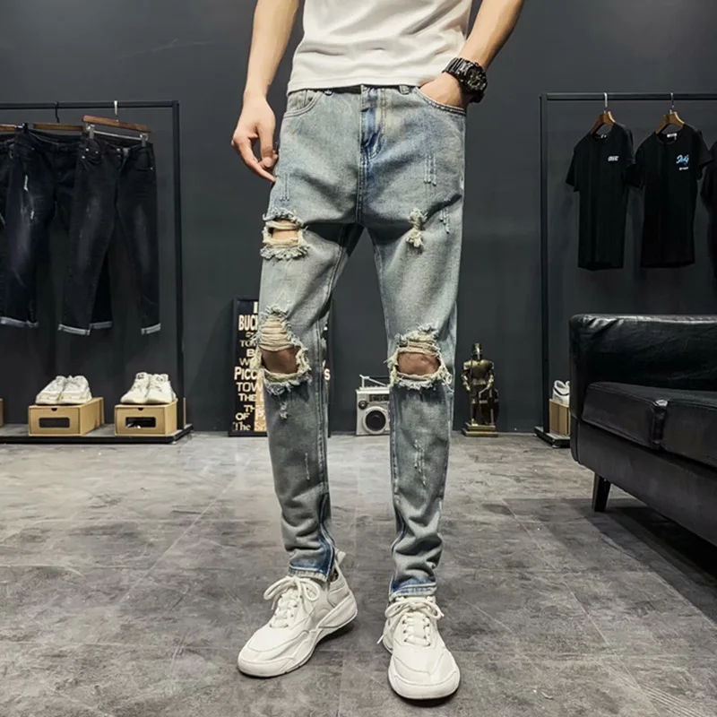 

Slim jeans men's summer thin ripped patch cropped cropped trousers stretch skull print beggar feet teenager denim jeans