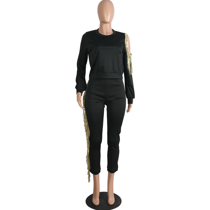 

Tassels Patchwork Sexy Two Piece Set Women Clothes Off Shoulder Long Sleeve Hoodie and Bodycon Pant Sweatsuit Fall Winter Outfit