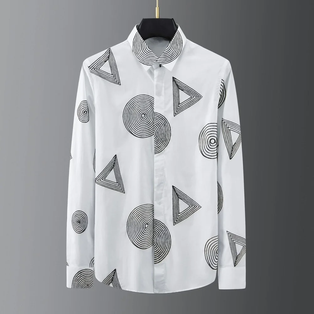 

Embroidery Geometry Long Sleeve Casual Shirt Men Business Formal Dress Shirts Social Tuxedo Party Male Clothing Camisa Masculina