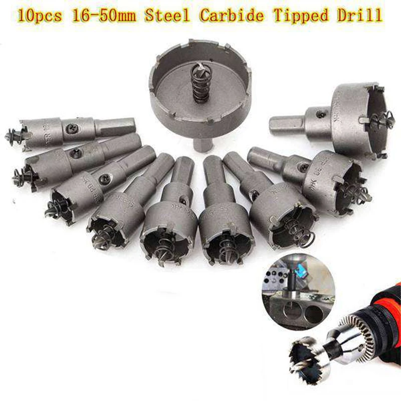 

10Pcs Drill Bit 16-50mm Hole Saw Set Carbide Tipped Wood Metal Core Drill Bit Hole Saw Cutter