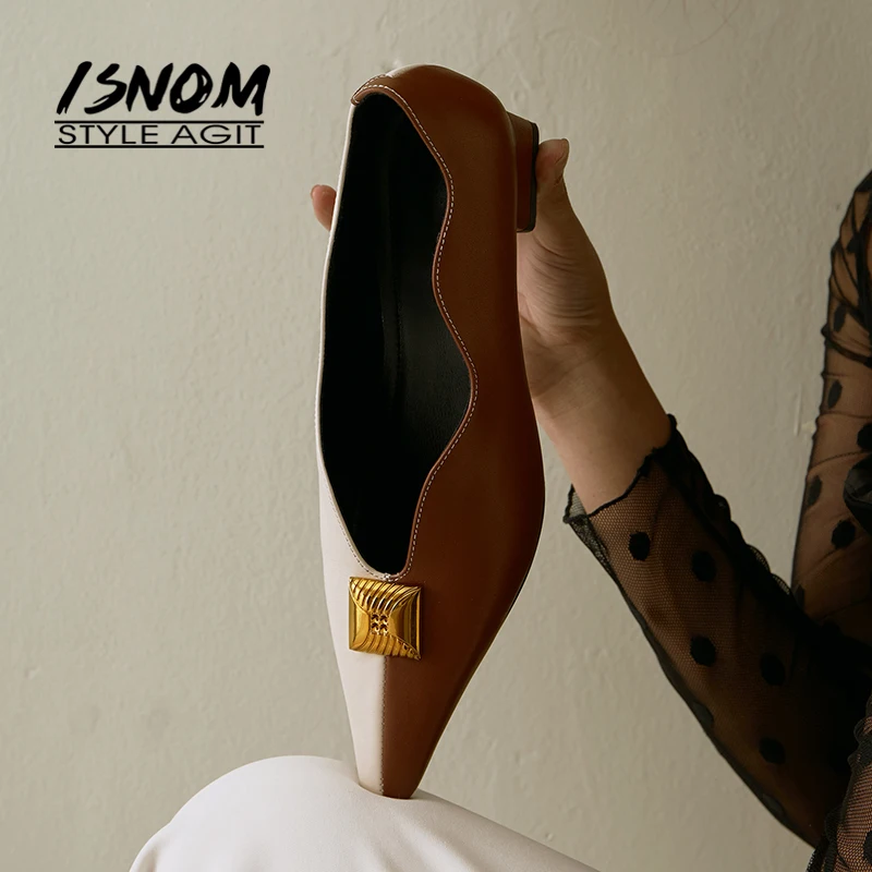 

ISNOM Genuine Leather Pumps Women Shoes Woman Mixed Color Metal Charm Pumps Chunky Heels Shoes Lady Footwear