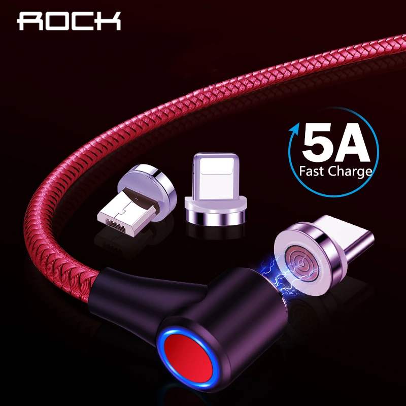 ROCK 5A Магнитный кабель Micro usb type C адаптер Шнур 90 градусов локоть быстрое зарядное устройство светильник ing светодиодный светильник для передачи данных для iPhone samsung