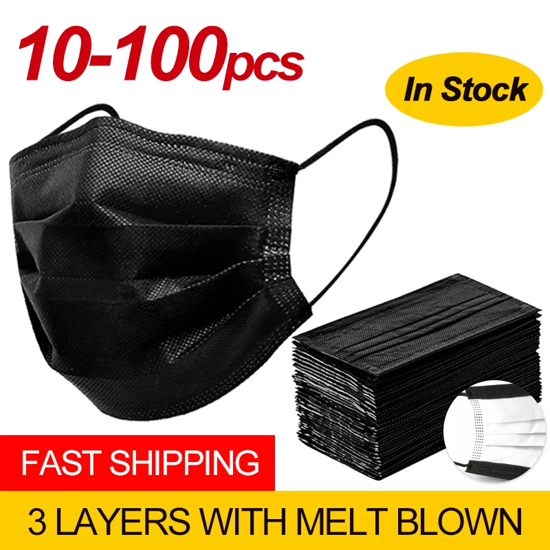 

Black 3-layer Mask 10/50/100pcs Face Mouth Masks Melt Blown Cloth Disposable Anti-Dust Masks Earloops Masks