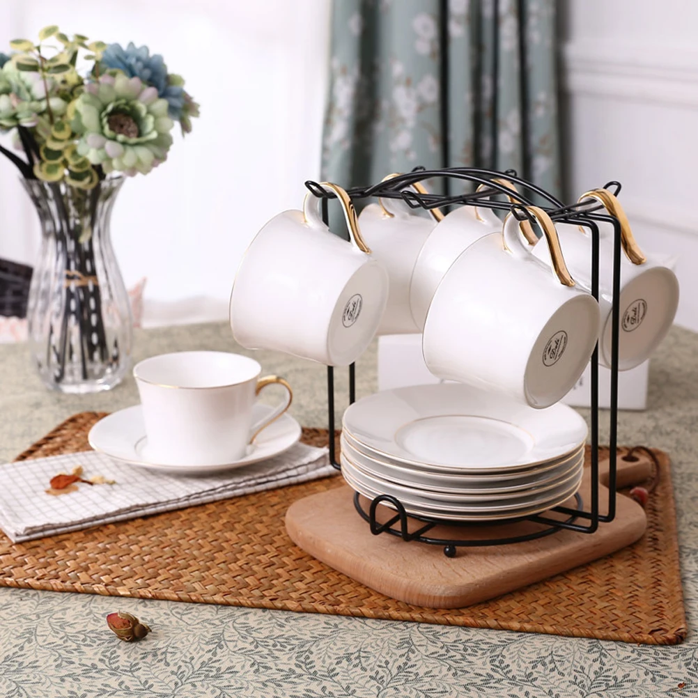 

Tea Cup and saucer Display Rack Stainless Steel Coffee Cup Holders for Counter Drying Rack for Cups Dishes 6 Hooks