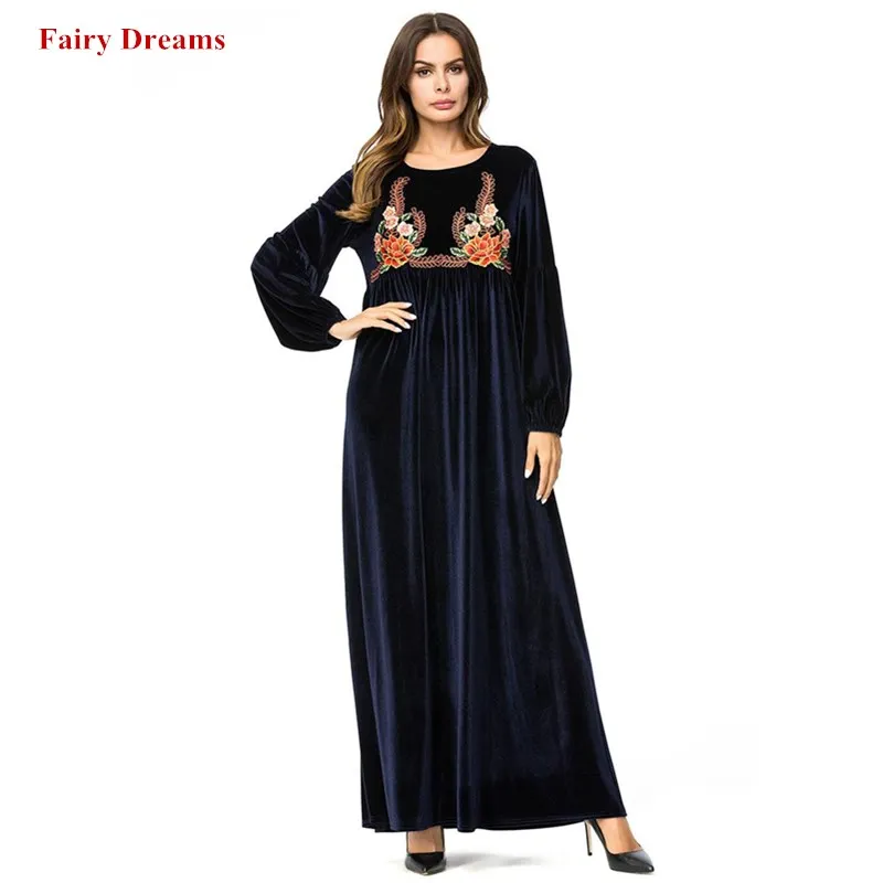Женское вельветовое платье с цветочной вышивкой Abayas синее мусульманское Кафтан