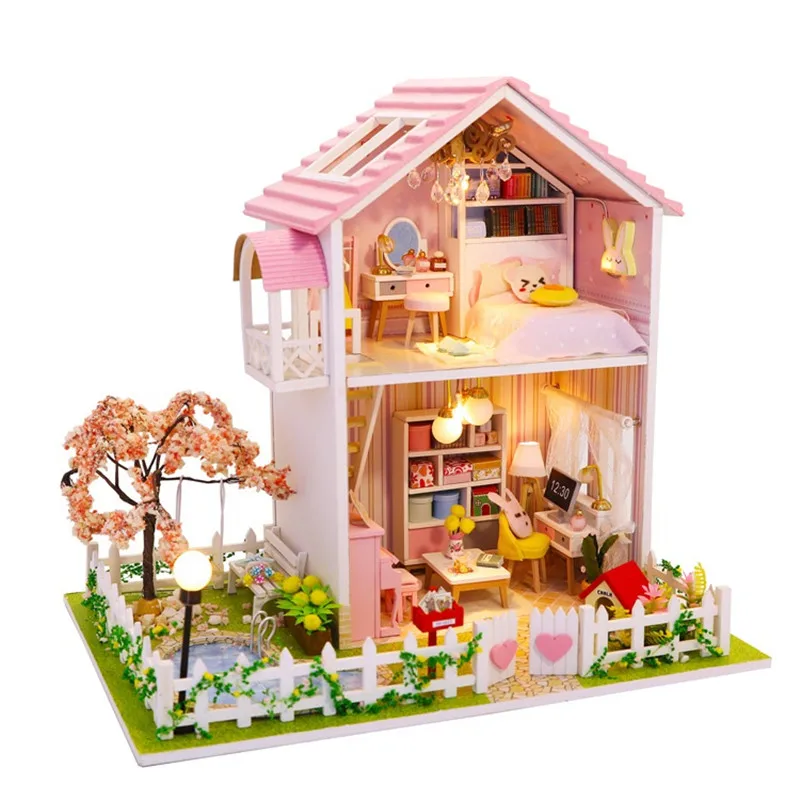 

Деревянный кукольный домик «сделай сам», розовая Сакура, лофт, Домик принцессы, миниатюрные фигурки в сборе, игрушки для детей и взрослых, ро...