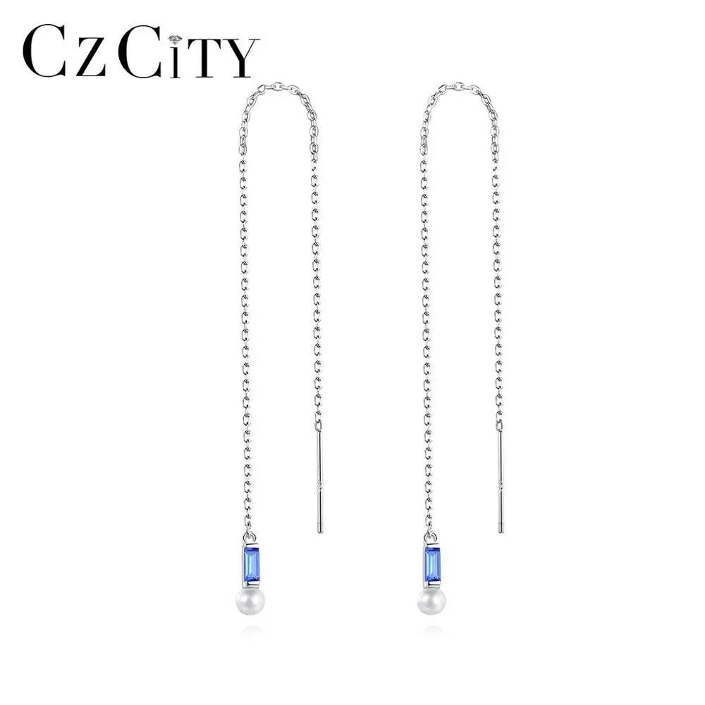 

CZCITY Drop Earrings for Women Ear Line Long Chain Green Blue Gem 925 Sterling Silver Fine Jewelry Dating Christmas Gifts SE-510