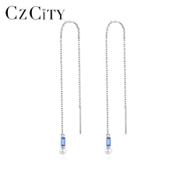 czcity drop earrings for women ear line long chain green blue gem 925 sterling silver fine jewelry dating christmas gifts se 510