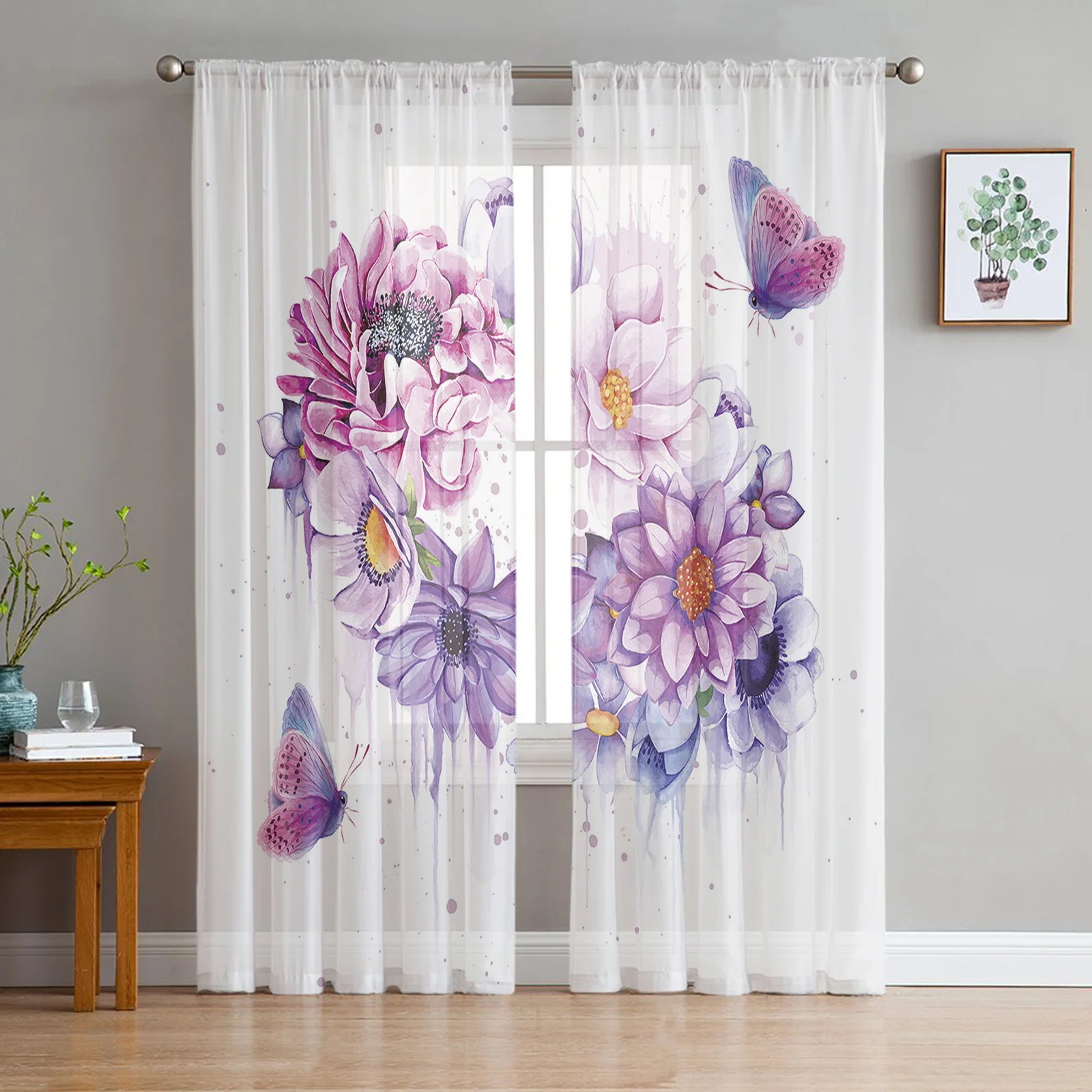 

Watercolor Purple Flower Butterfly Tulle Sheer Window Curtains for Living Room Kitchen Children Bedroom Voile Hanging Curtain
