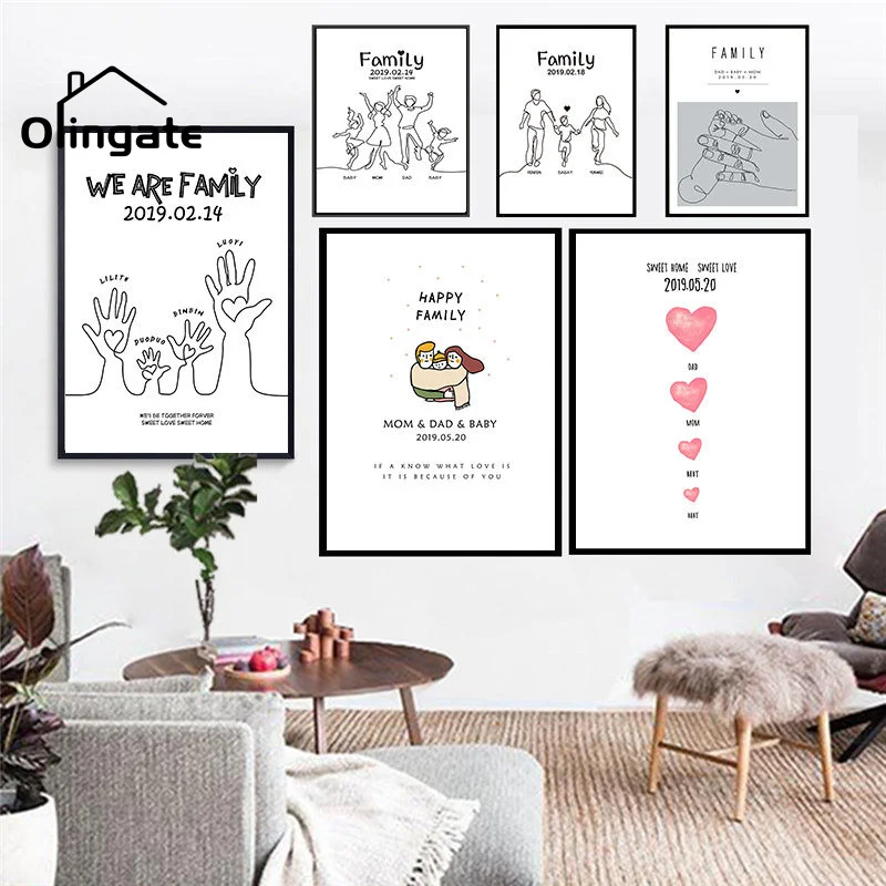 

Customized Date Name Gift Diy Anniversary Posters Cartoon Sweet Family Cute Canvas Art One Piece Wall Art Home Living Room Decor