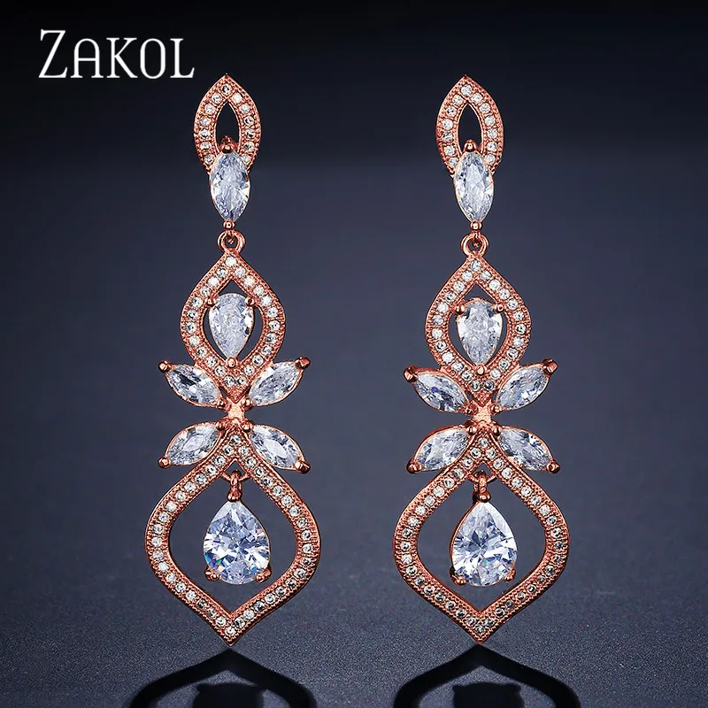 ZAKOL Роскошные циркониевые серьги-люстры, висячие серьги для женщин, юбилейные модные свадебные украшения в виде листьев FSEP308 - Окраска металла: Rose Gold Earring
