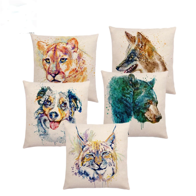 

Watercolor Animals Cushion Cover Portrait Head Bighorn Lion Leopard Tiger Bear Eagle Horse Dogs Home Sofa Throw Pillow Case