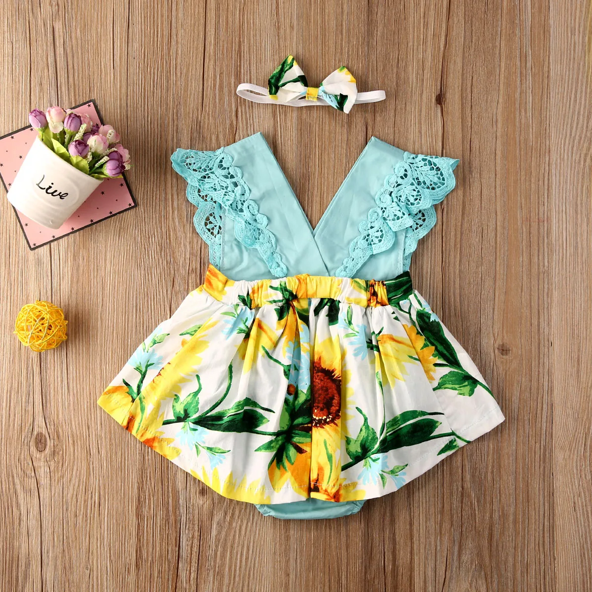 Комбинезон для новорожденных девочек платье-боди с кружевными рукавами и