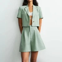 kumsvag women summer casual suits 2021 solid linen shorts and blazers coats female elegant fashion street 2 pieces set ly9427 9