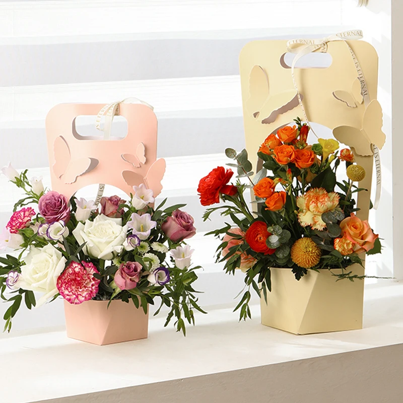 

10pcs Flower Packaging Bowknot Hand Box Kraft Paper Box Floral Arrangement Flower Box Rose Bouquet Packaging Material