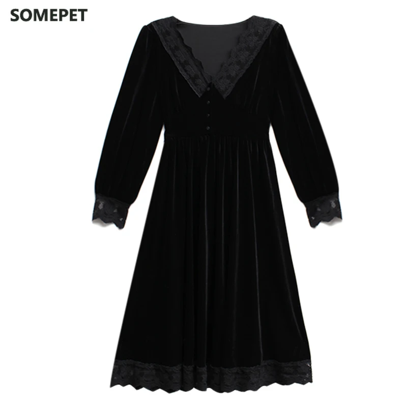 

French Casual Women Lace Velvet Black Elegant Party Vintage Dresses Female Autumn High Waist Long Sleeve Plus Size Dress
