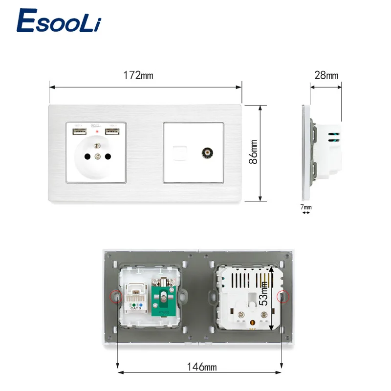 Французская стандартная розетка Esooli модель RJ11 телефон с гнездом для телевизора