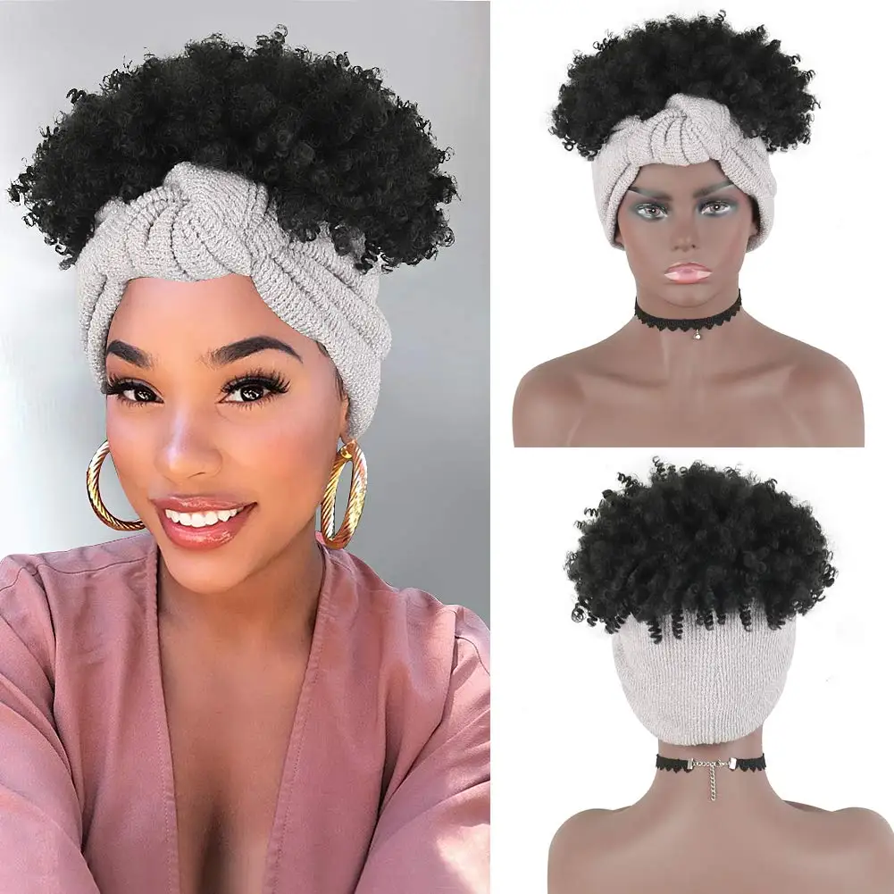 

Synthetic Short Curly Afro Wigs for Black Women Wrap Wig 2 In 1 High Puff Drawstring Ponytail Grey Headband Kinky Curly Wig