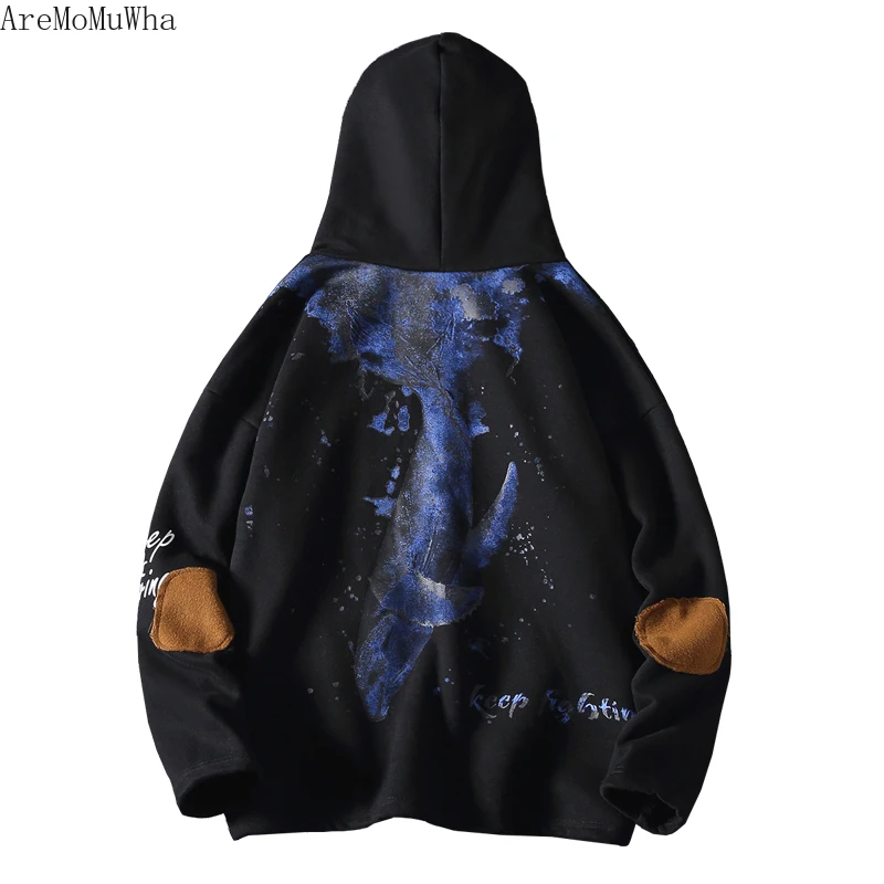 

AreMoMuWha Whale and Velvet Thick Hoodies Men's M-6XL Coat Head Loose Hooded Street Fashion Fat Winter Street Mens Hoodies1392