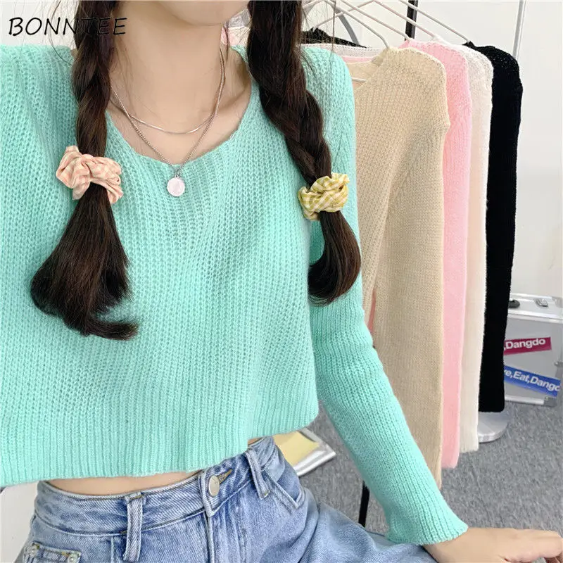 

Cropped Pullovers Women 5 Colors O-neck Sweet Schoolgirls Young Solid All-match Thin Sun-screen Knitted Summer College Trendy