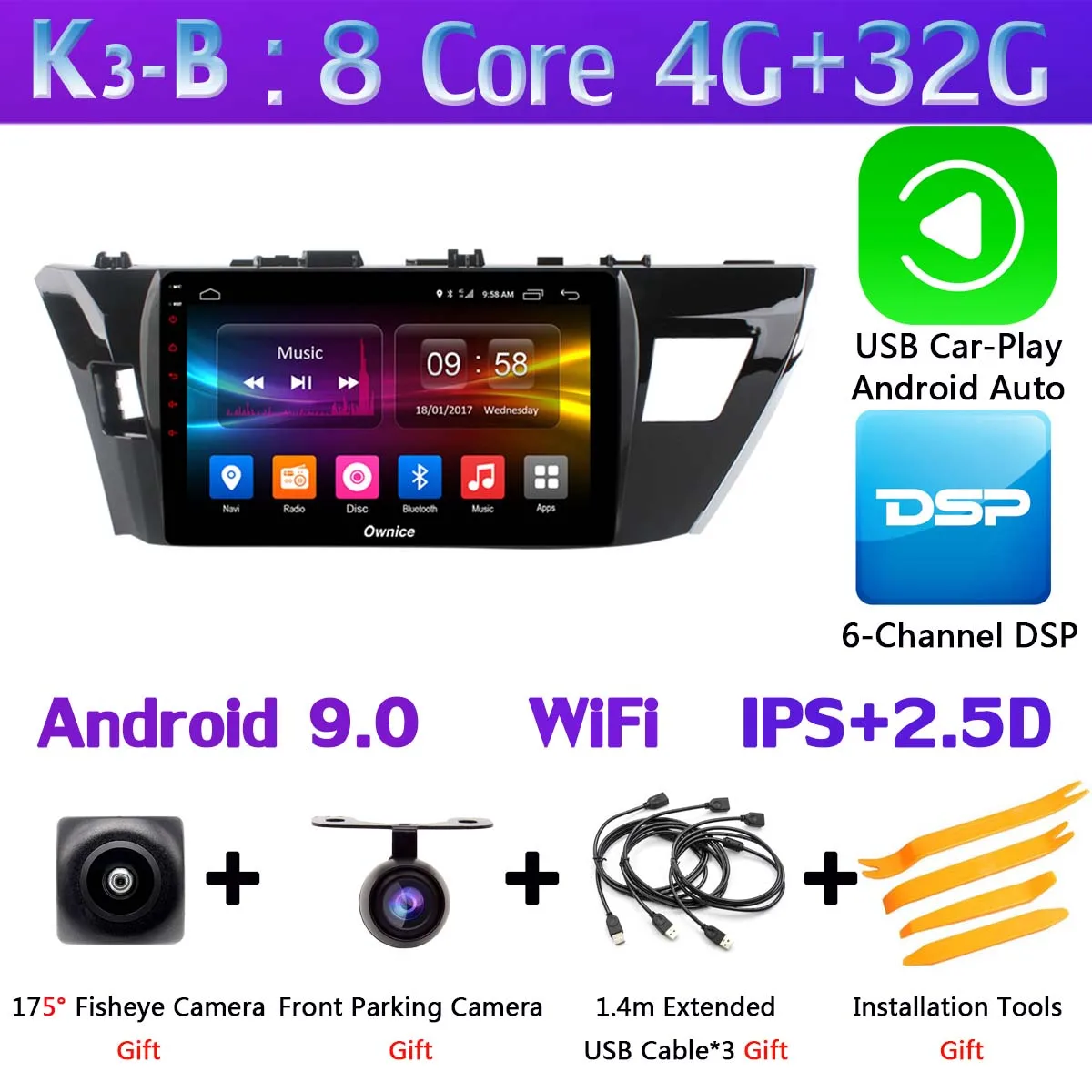 360 ° панорамный 4 × камера Android 9,0 4G+ 64G gps радио CarPlay DSP Автомобильный плеер для Toyota Corolla Lewin E160 E170 E180 - Цвет: K3-B-CarPlay