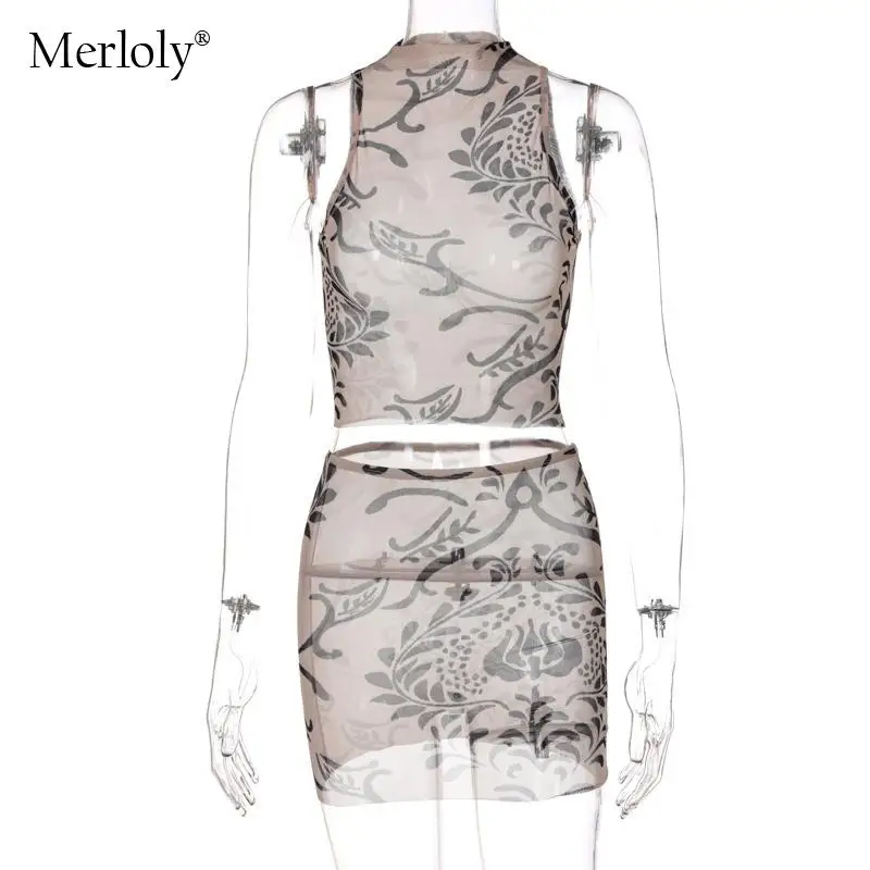 

Sexy Mesh Print O-Neck See-Through Crop Top& Skirt 2 Pieces Set Summer Women Streetwear Club Party Skirts Womens 2021