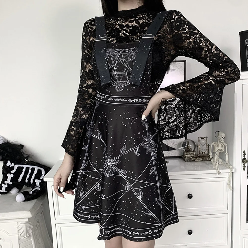 Женское мини-платье на подтяжках Rosetic черное темно-панк повседневное короткое