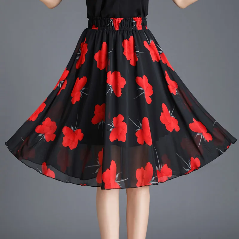 Юбка женская шифоновая средней длины с цветочным принтом и завышенной талией |