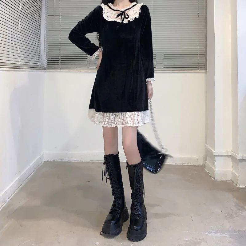 

New 2020 Vintage Elegant Casual And Simple Sexy Dress Women'S Lace Stitching Stand Collar Velvet Dress Black Women Dresses