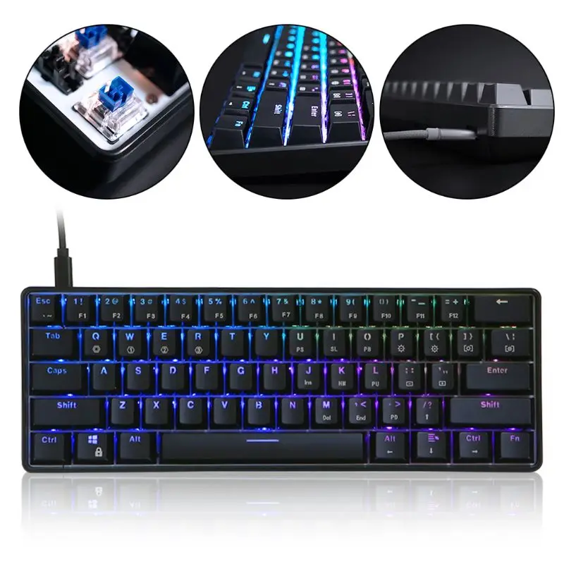 Игровая механическая клавиатура RGB/ Mix подсветкой светодиодный USB Проводная 61