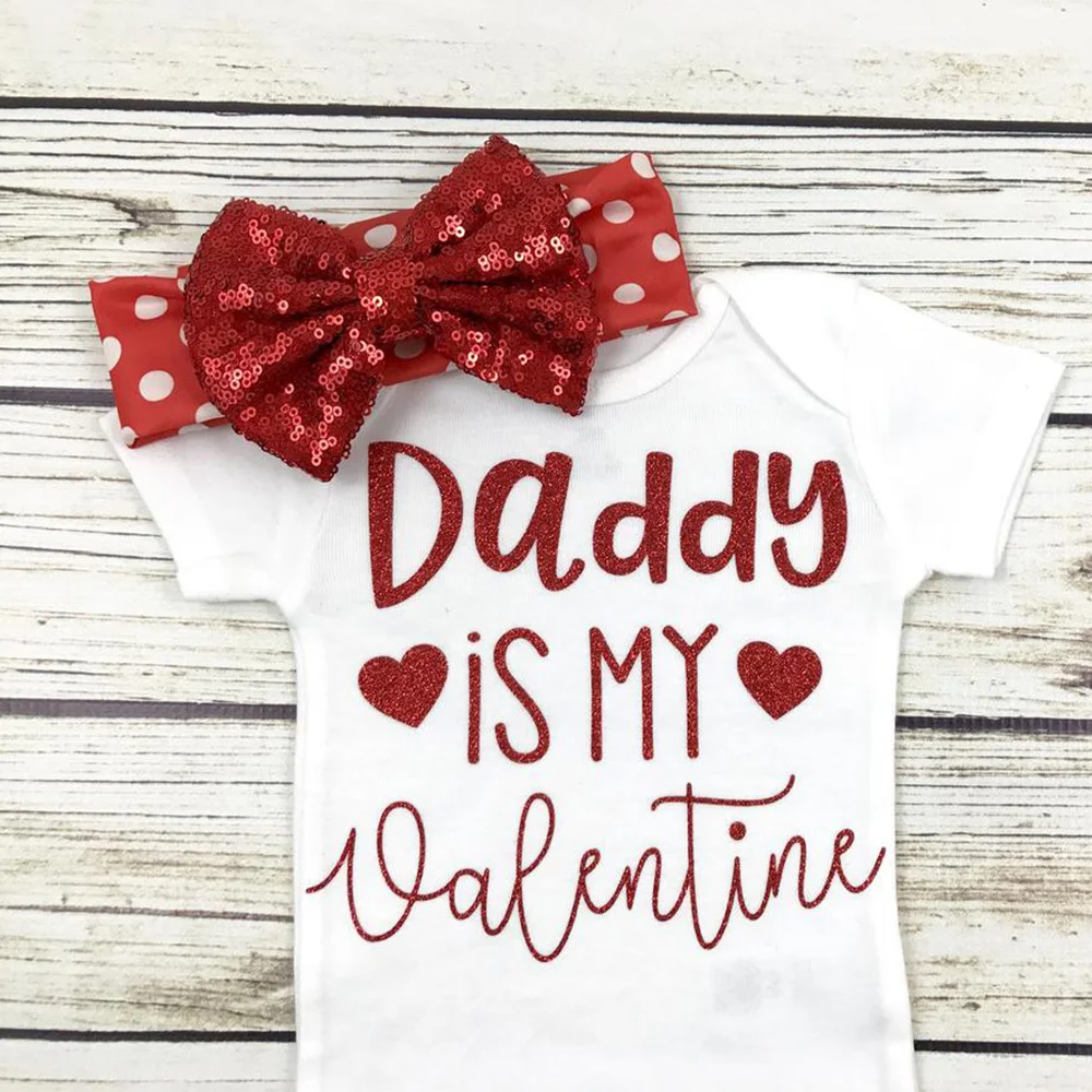 

Personalized Daddy Is My Valentine Baby Girl Bodysuit Valentines Day Outfit Newborn/Headscarf and shirt