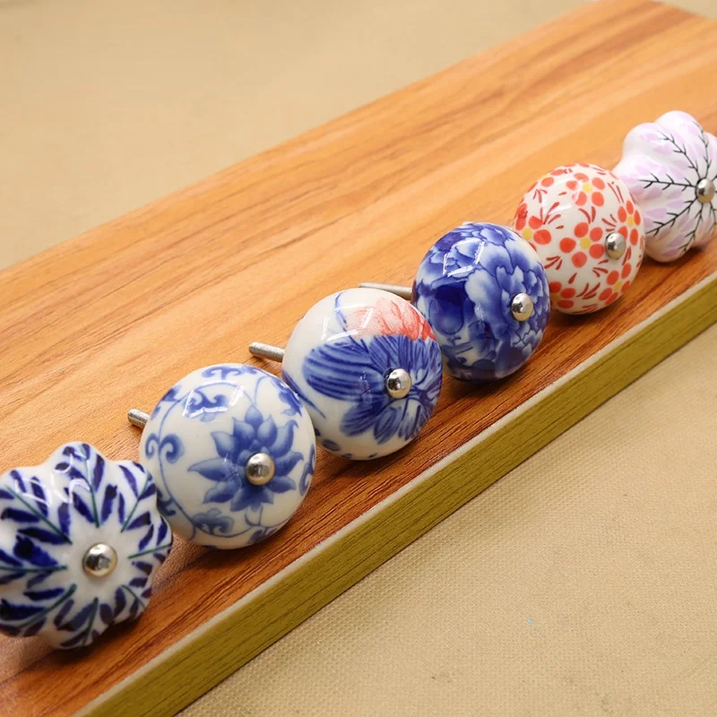 

American Ceramic Handle Retro Blue and White Porcelain Desk Drawer Cupboard Door Kitchen Wardrobe Chest of Drawers Door Handle