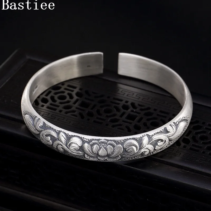 

Bastiee lotus flower 999 sterling silver bangle bracelet for women matt jewelry vintage hmong miao handmade