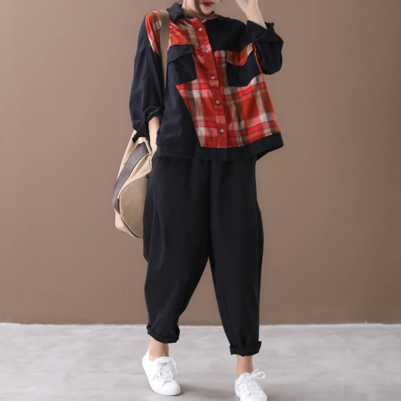 CHICEVER/винтажная клетчатая хит цвета женская рубашка воротник с лацканами длинный