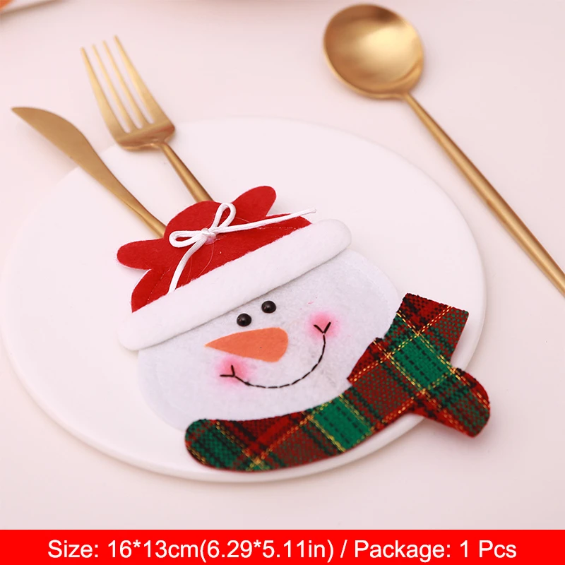 Round Face Snowman Санта олень Рождество год карманная вилка крышка ножа держатель столовых приборов сумка для дома вечерние украшения стола - Цвет: Round Face Snowman