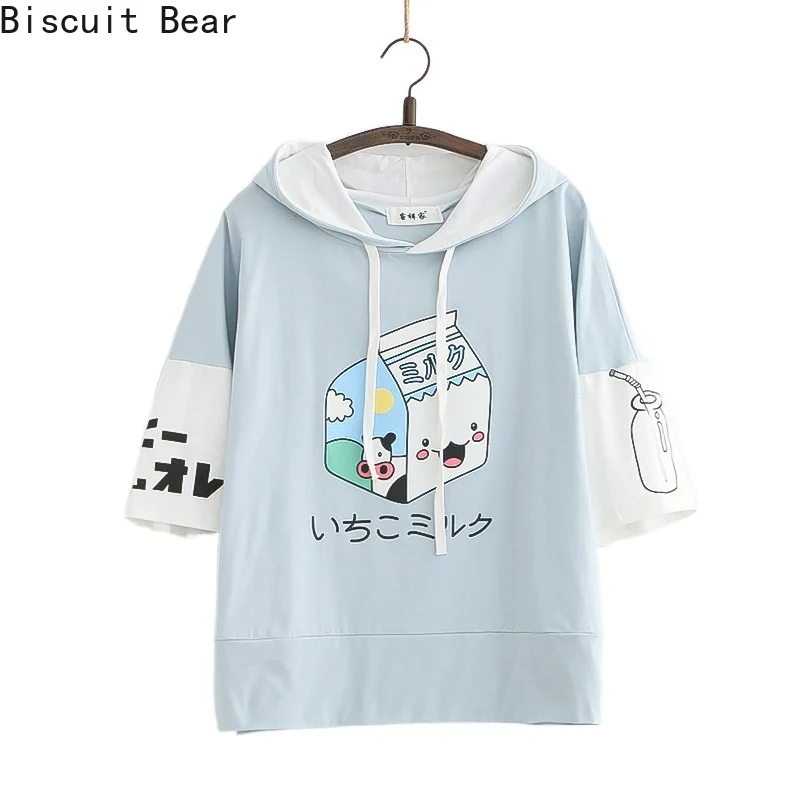

Женская толстовка с капюшоном, хлопковая толстовка с коротким рукавом и мультяшным принтом в стиле Харадзюку, милый топ в Корейском стиле, л...