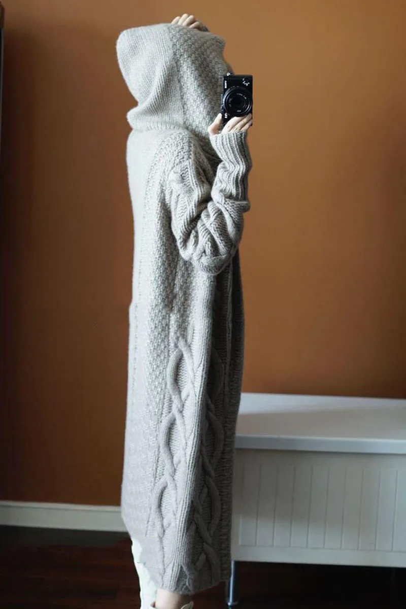 Женский кашемировый свитер весна осень 2020 длинный кардиган с капюшоном