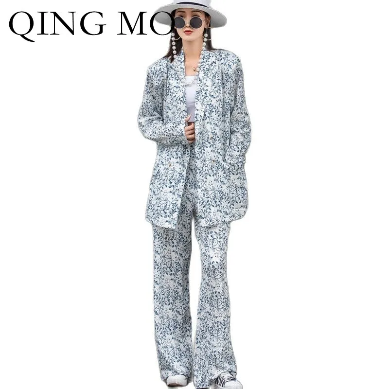

Женский костюм с жакетом и прямыми брюками QING MO, осенний комплект из двух предметов в китайском стиле, ZWL328, 2021