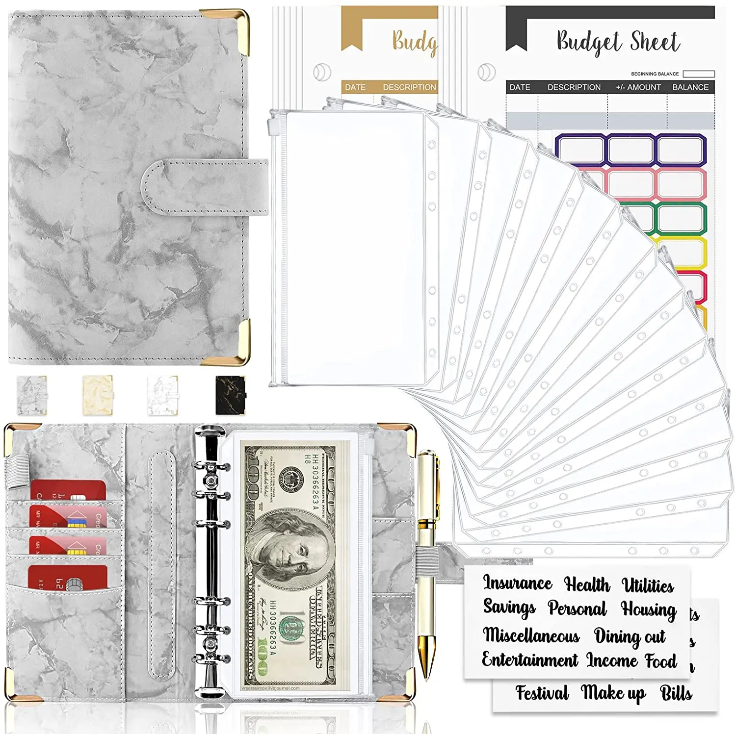 28Pcs Money Budget Planner Binder with Zipper Envelopes, Cash Envelopes for Budgeting, Money Organizer for A6 Cash Budget Binder