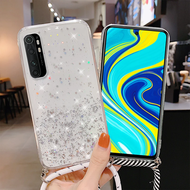 With Neck Strap Clear Glitter Case For Xiaomi 11T Mi 11 10T Lite Poco X3 NFC M3 M4 F3 Redmi Note 10 5G 9 9s 8 Pro 9T 11s Cover