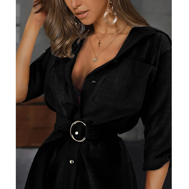 

Mandylandy Women's Casual Long Sleeve V-neck Lace-up Irregular Shirt Dress Summer Solid Color Single-Breasted Slim Dress