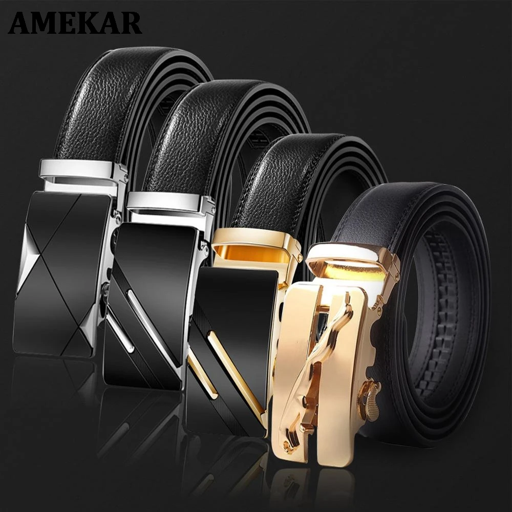 Мужской ремень из натуральной кожи с автоматической металлической пряжкой