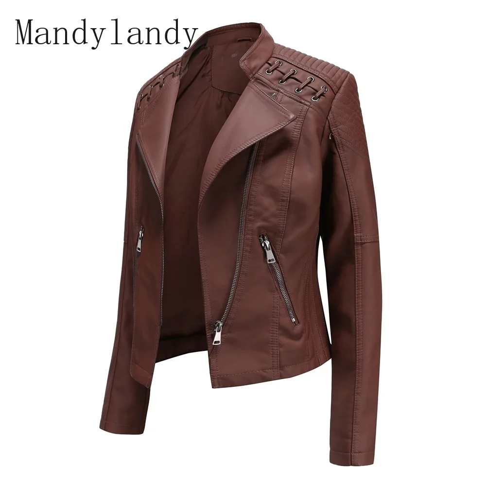 

Mandylandy Women's Long Sleeve Zipped Stand Collar Motorcycle Jacket Spring Autumn Solid Color Slim Fit Faux Leather Jacket