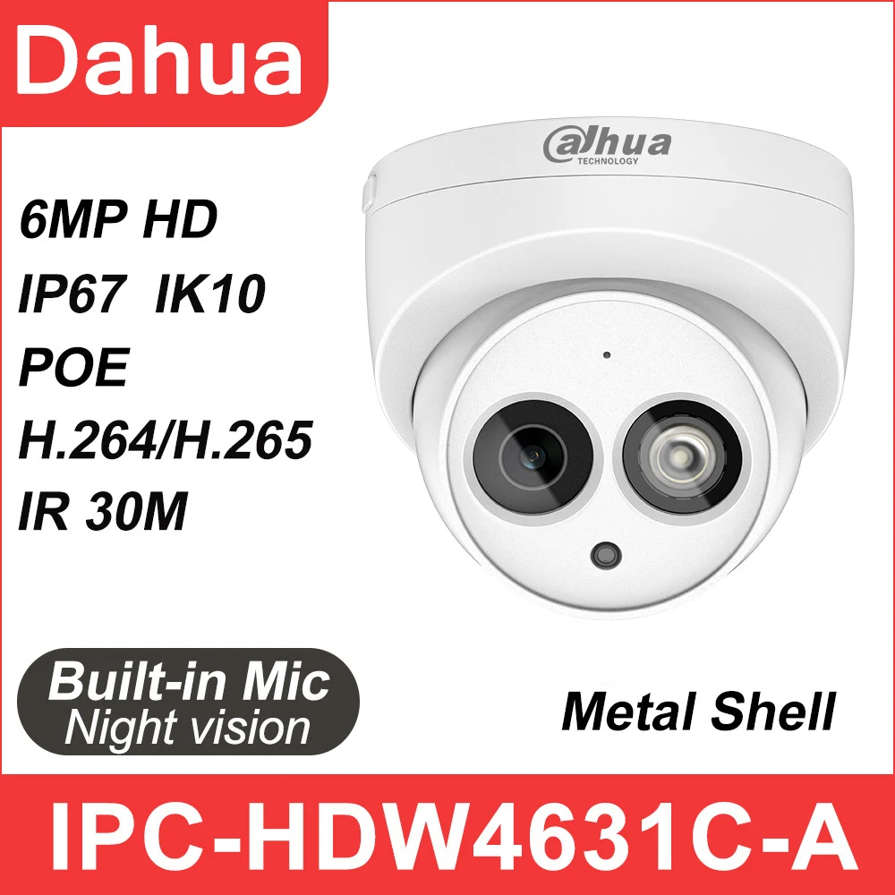 Сетевая купольная мини-IP-камера Dahua, металлический чехол с встроенным микрофоном для сетей видеонаблюдения HD POE, дальность 30 м, IK10