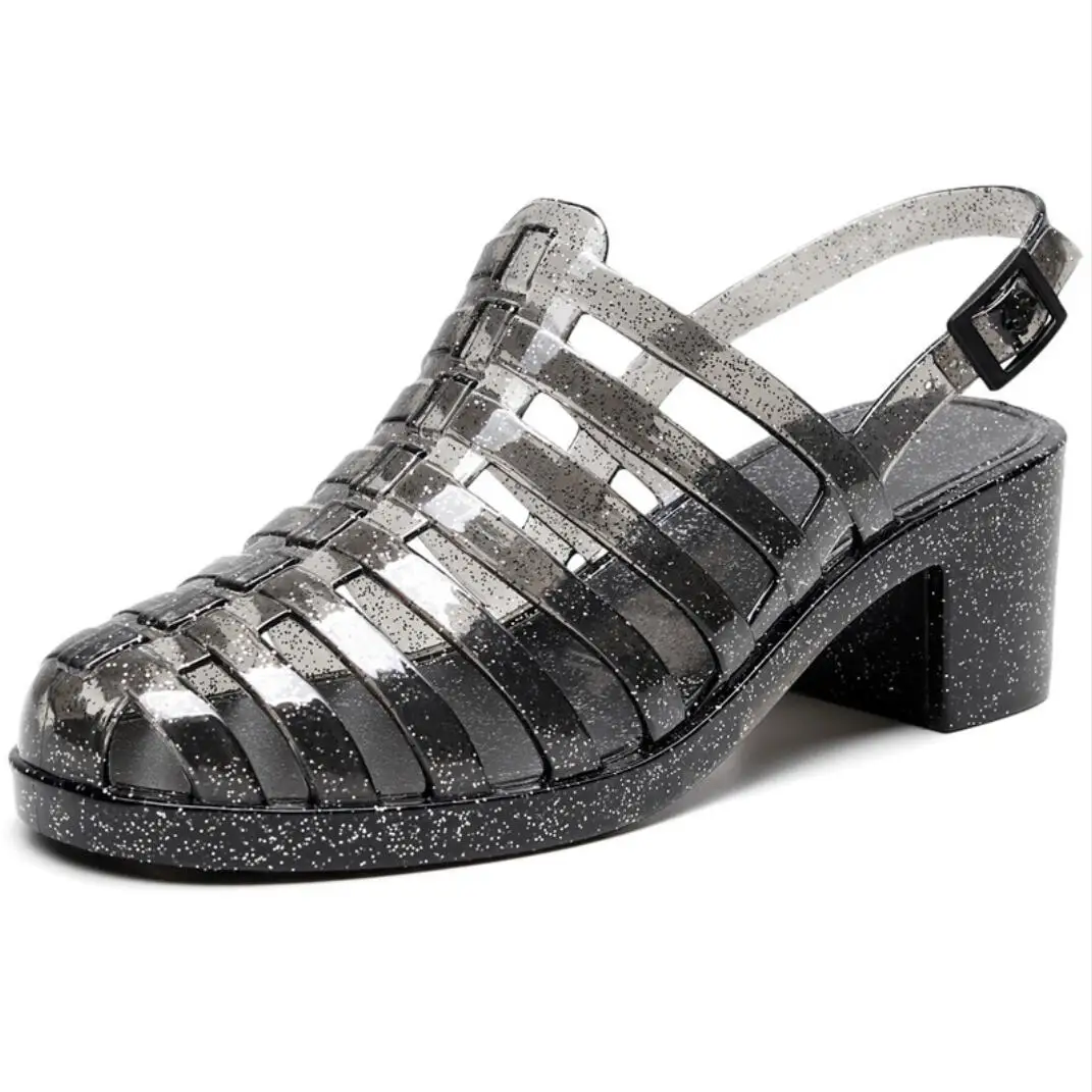 

Сандалии-гладиаторы женские из ПВХ, босоножки на высоком массивном каблуке, прозрачные сандалии с кристаллами, нескользящая пляжная обувь-...